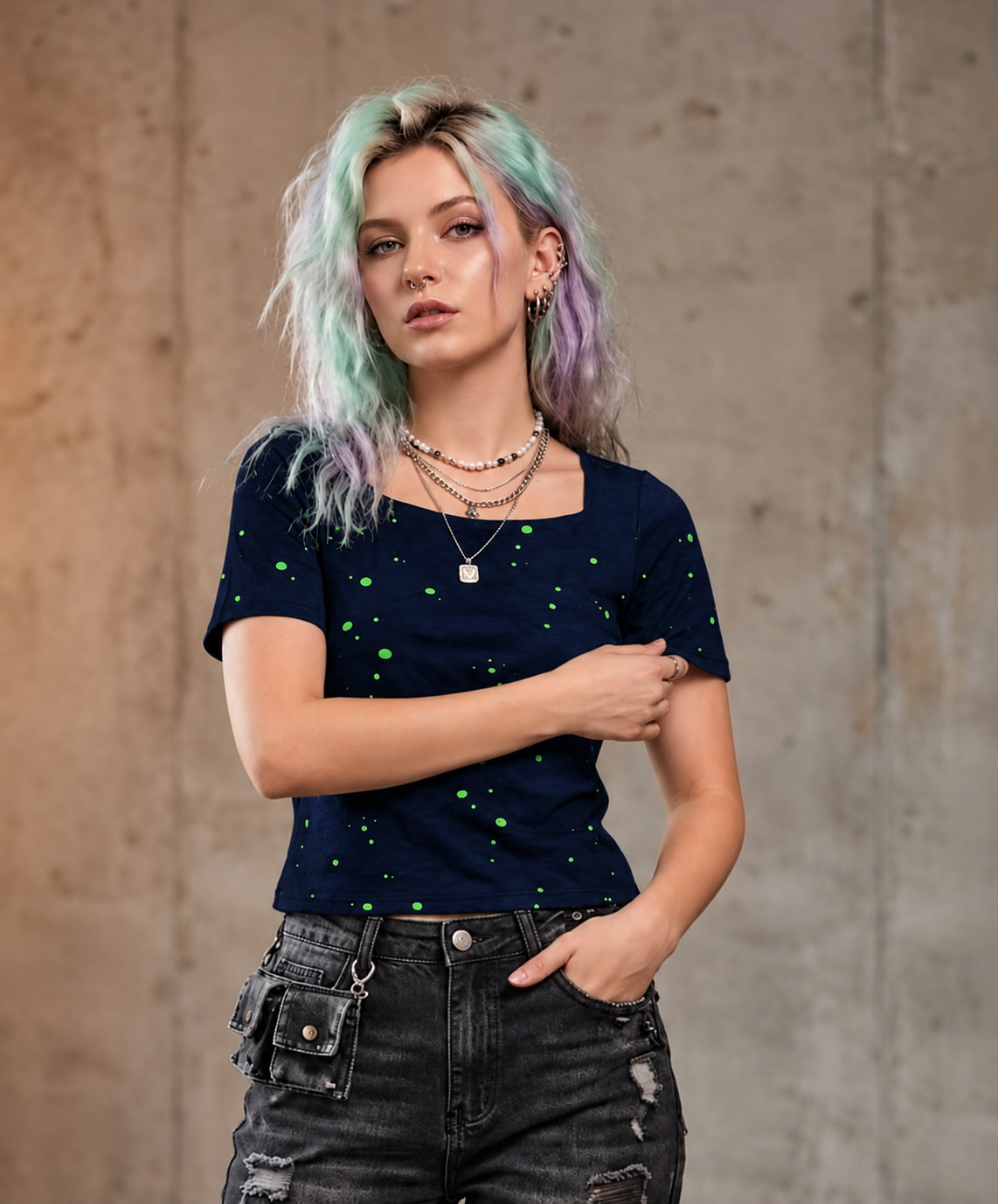 Navy lasered dots top 2 layered