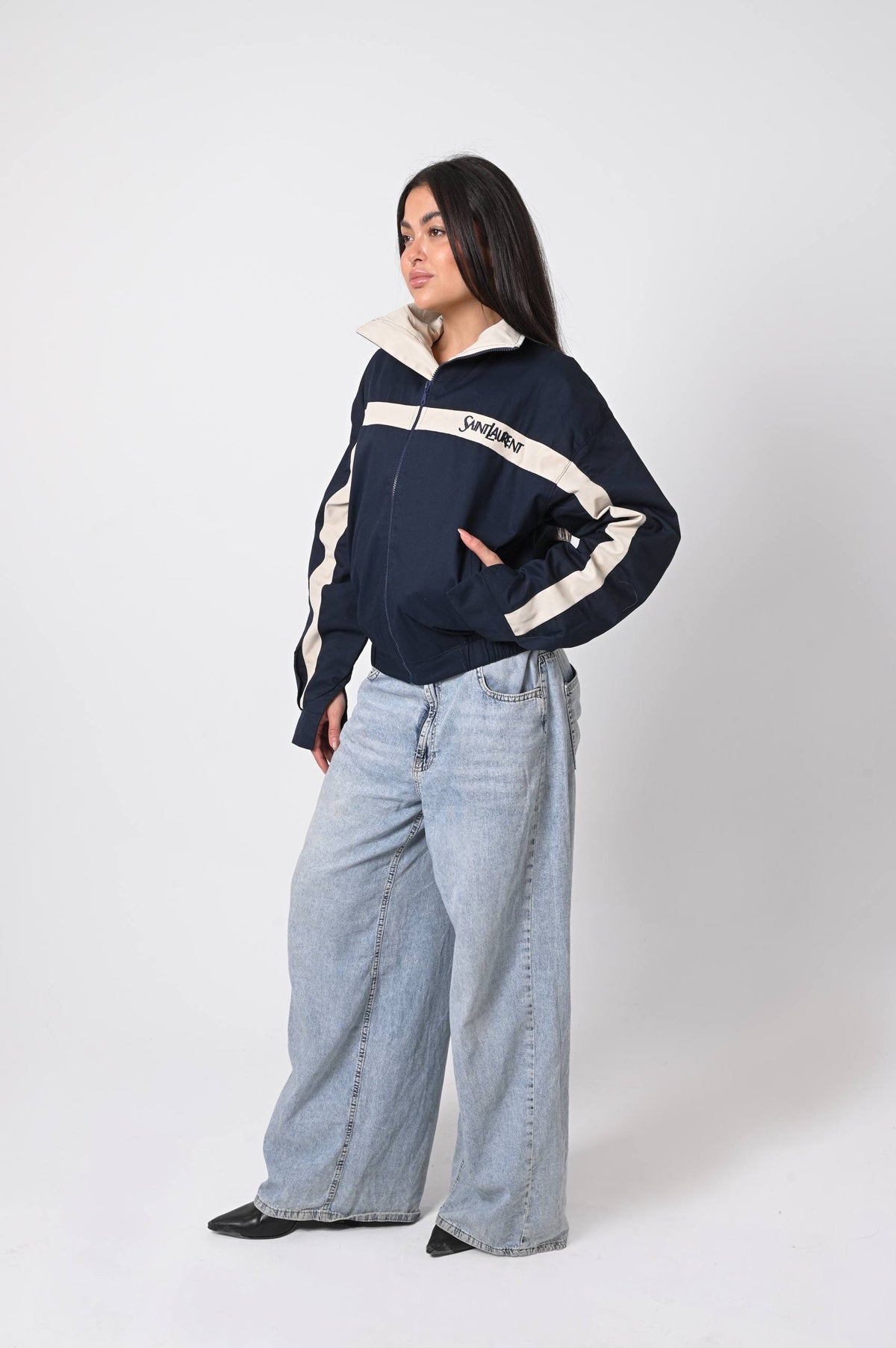 Navy Blue Contrast Stripe Zip-Up Jacket