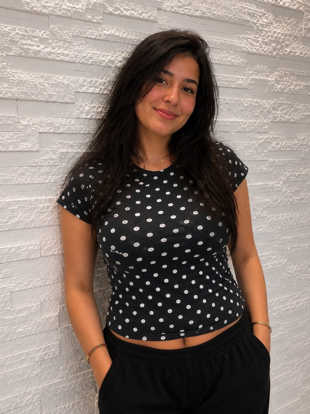 Black Polka Dot Cotton Blend Fitted Top