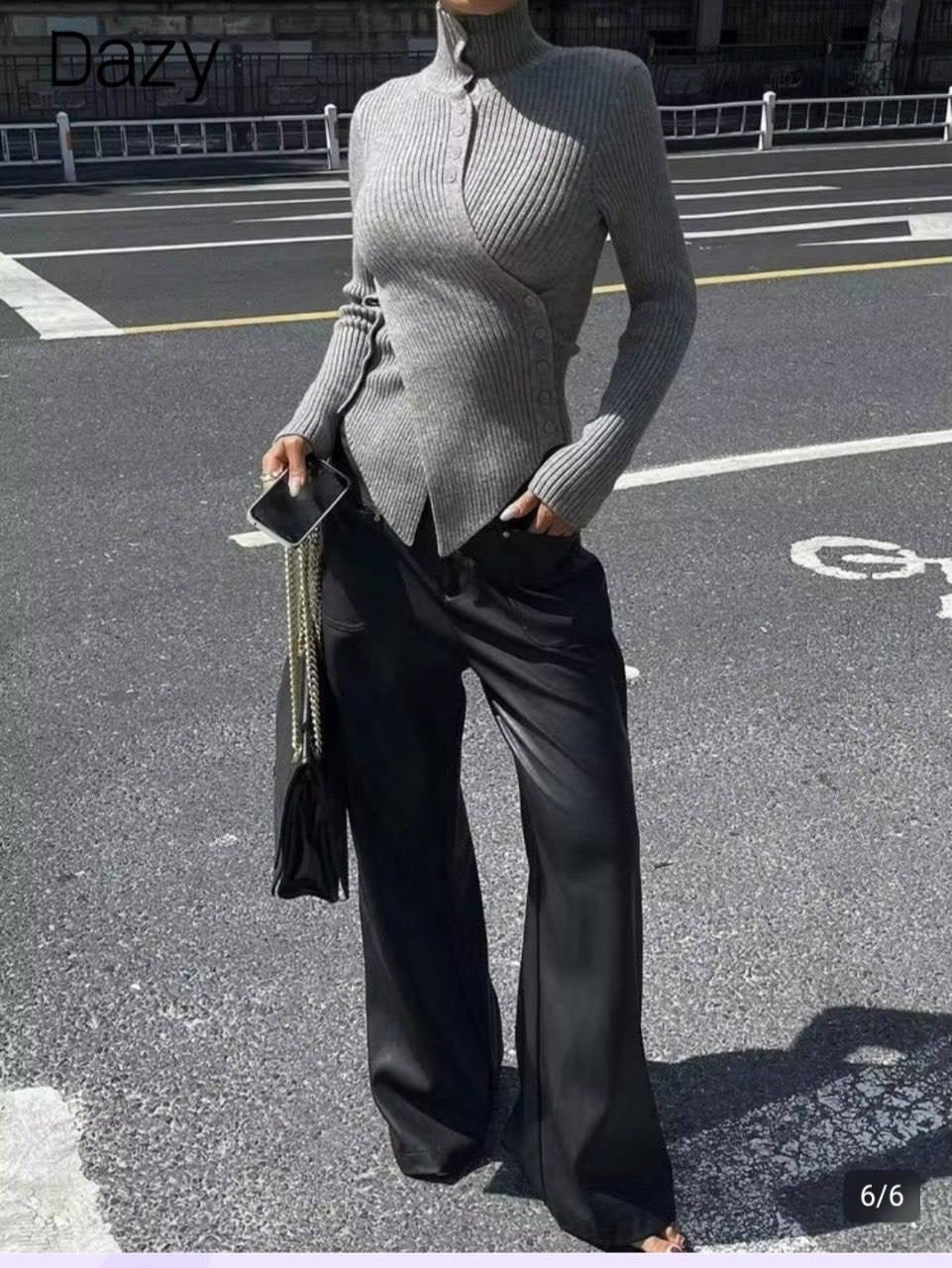 Gray Ribbed Asymmetrical Button-Up Sweater
