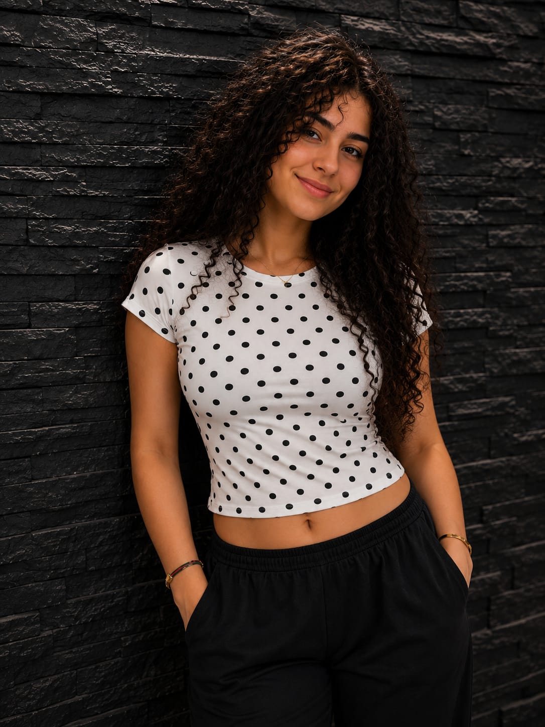 White Polka Dot Cotton Blend Fitted Top