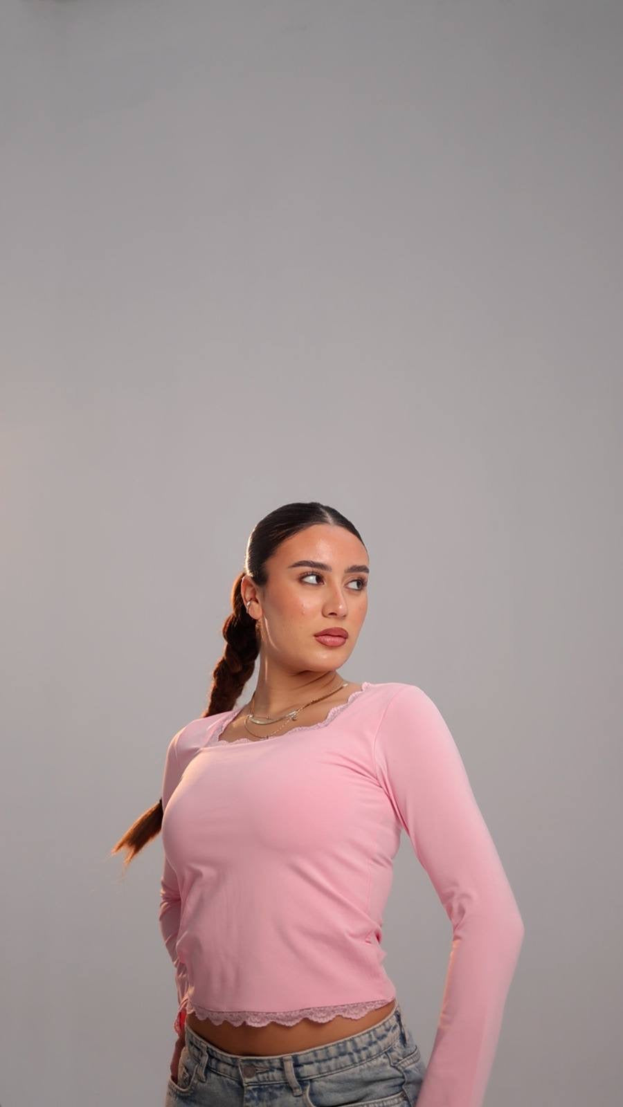 Pink square neck long sleeve top