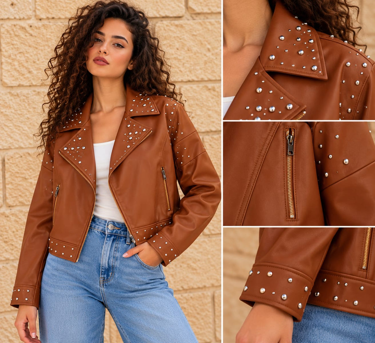 Cognac Brown Studded Leather Jacket
