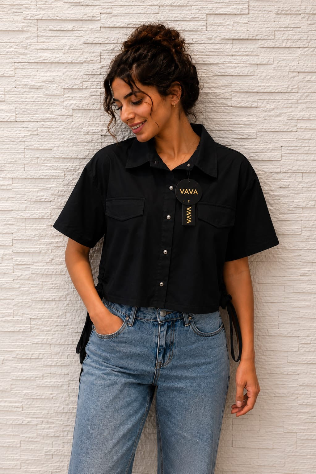Black Classic Drawstring Crop Shirt