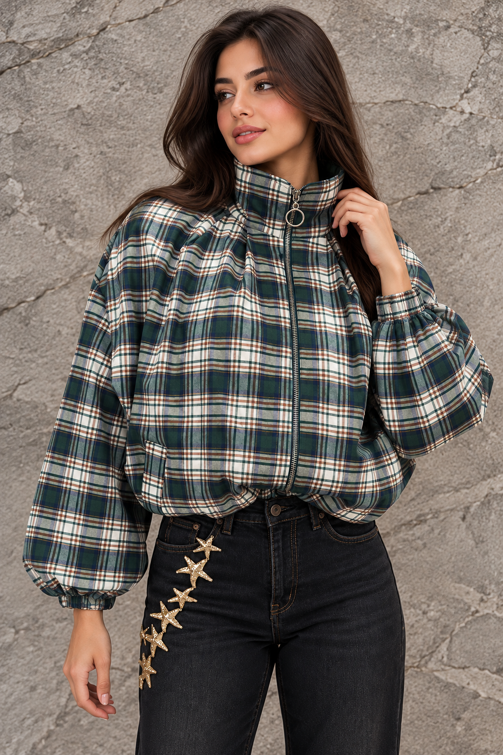 Green Plaid Puffer Jacket