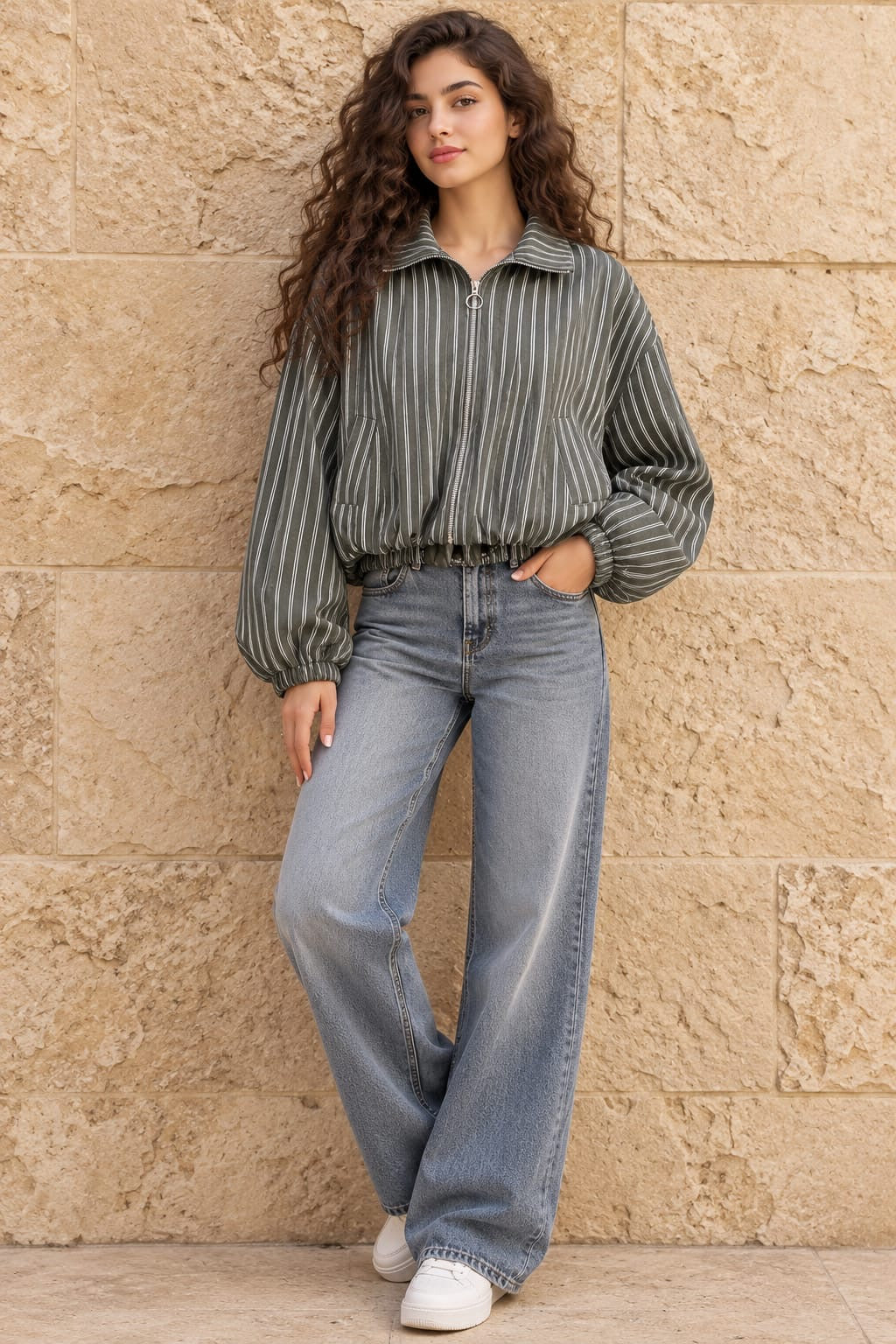 Olive Pinstripe Zip-Up Jacket
