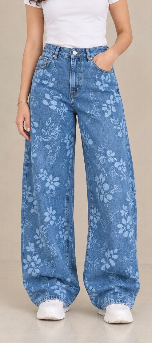 Wide leg laser leaves blue jeans