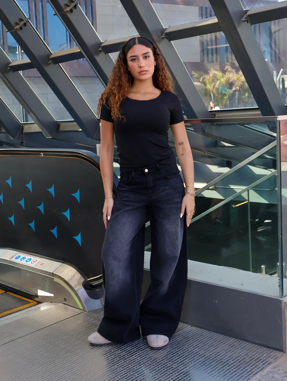 mid rise black wide leg denim
