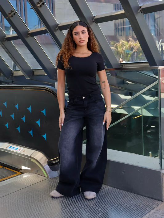 mid rise black wide leg denim
