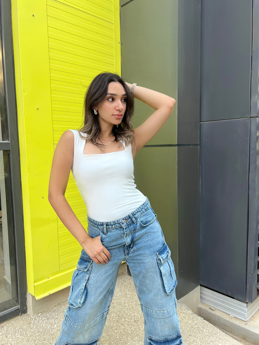 White Square Neck Basic Top
