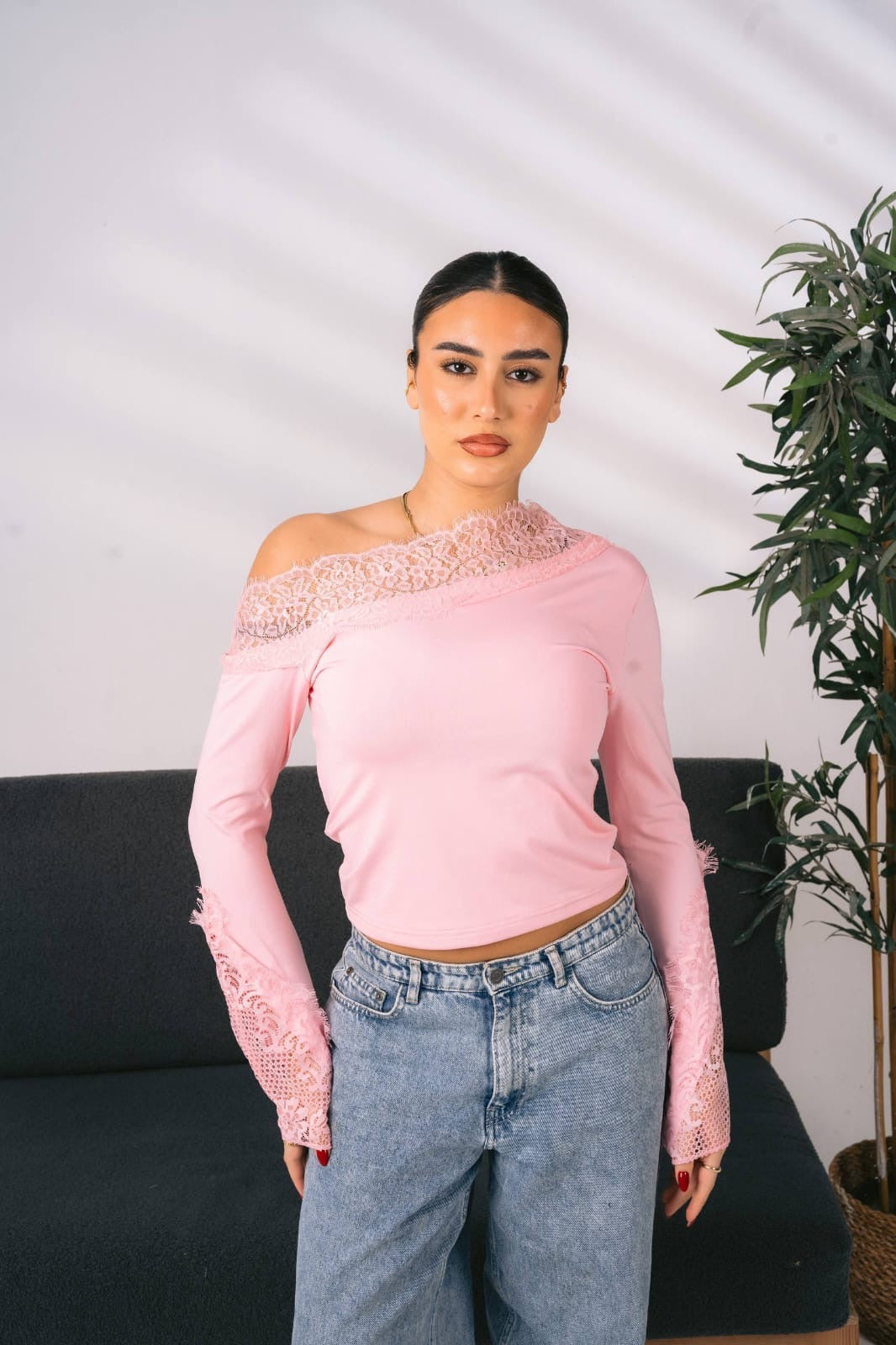 Pink off shoulder long sleeve top