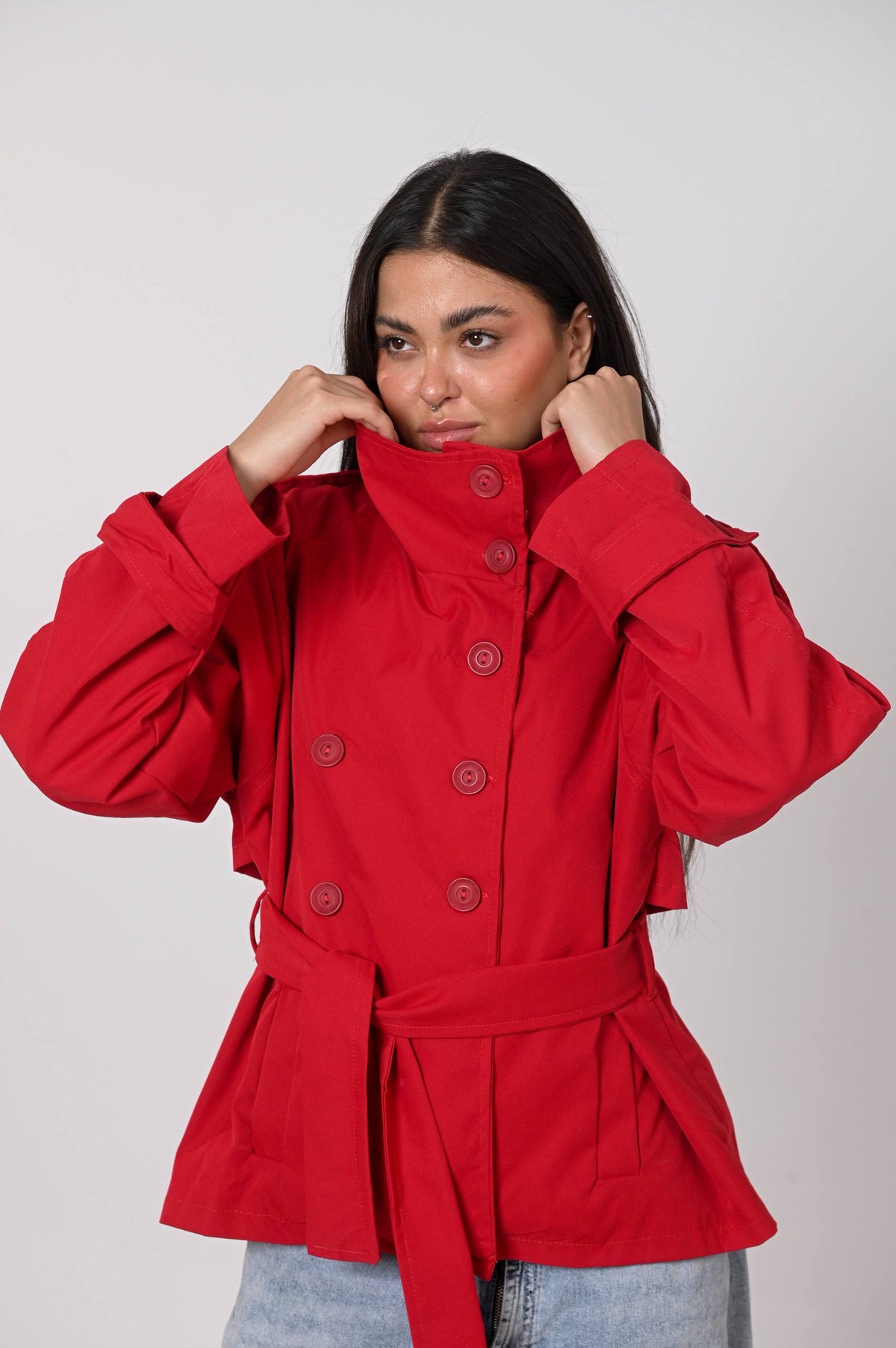 Red Belted Trench Jacket