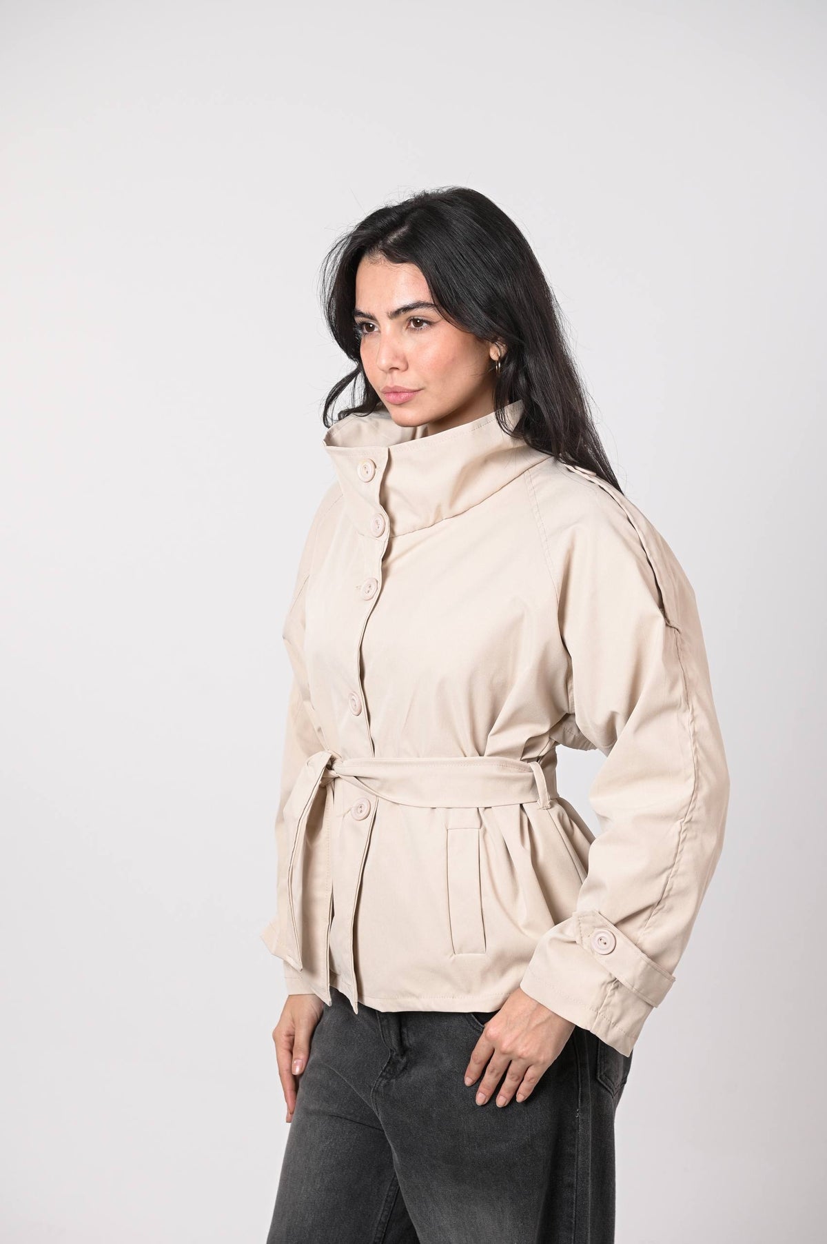 Beige Belted Trench Jacket