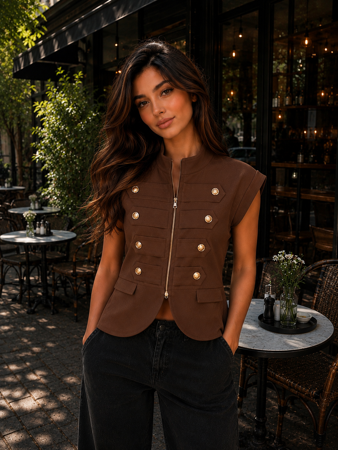 VAVA Brown Gold Button Zip Vest