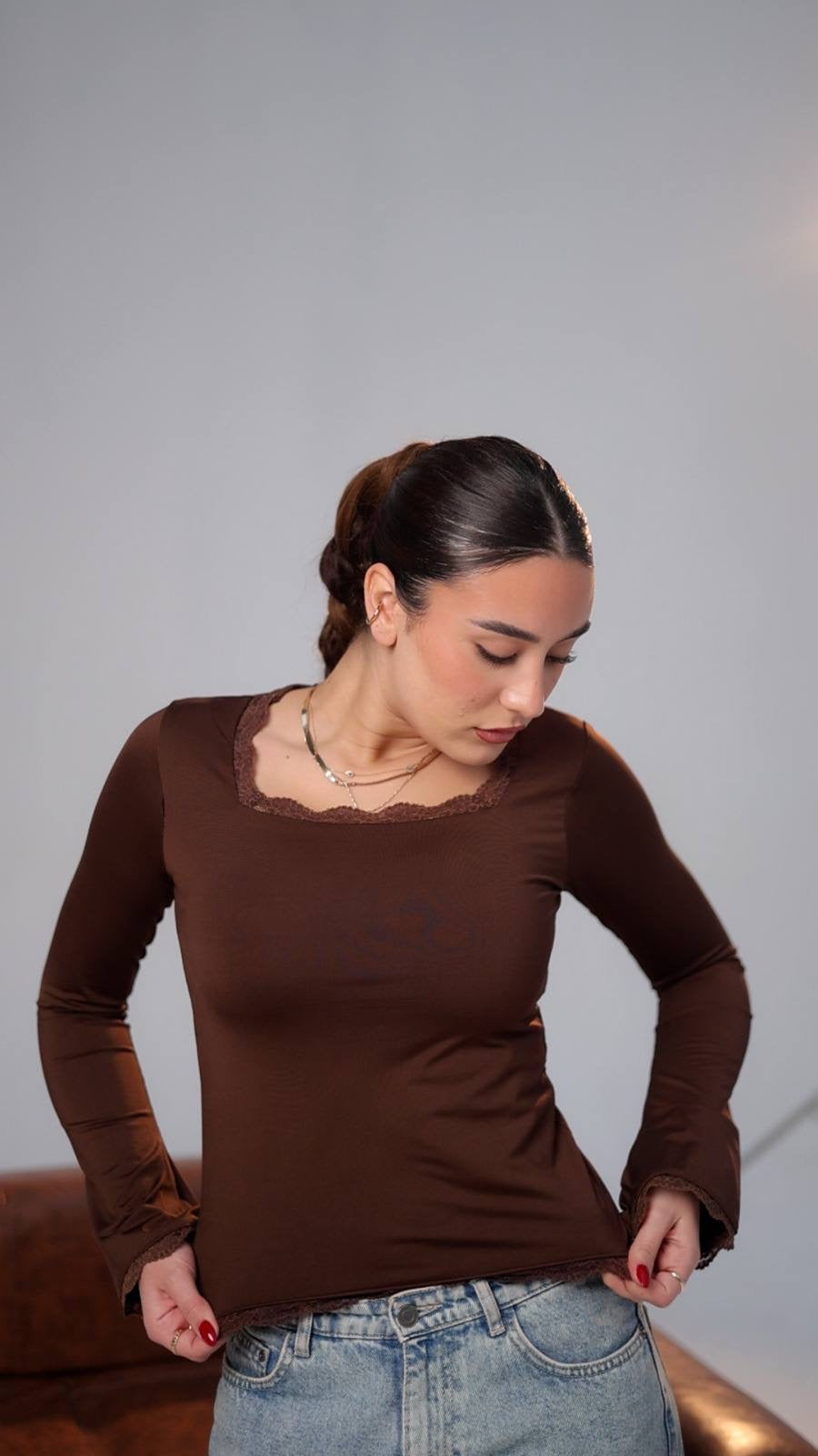 Brown square neck long sleeve top