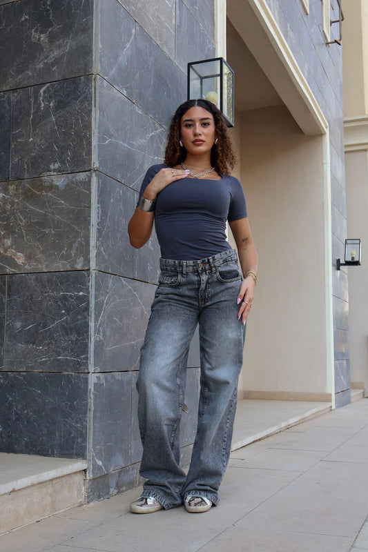 gray low waist straight leg denim