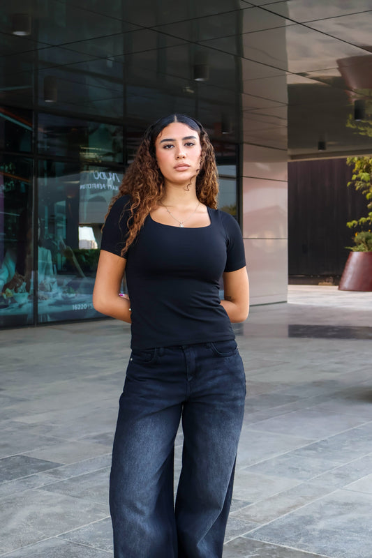 Black Cotton Square-neck Top