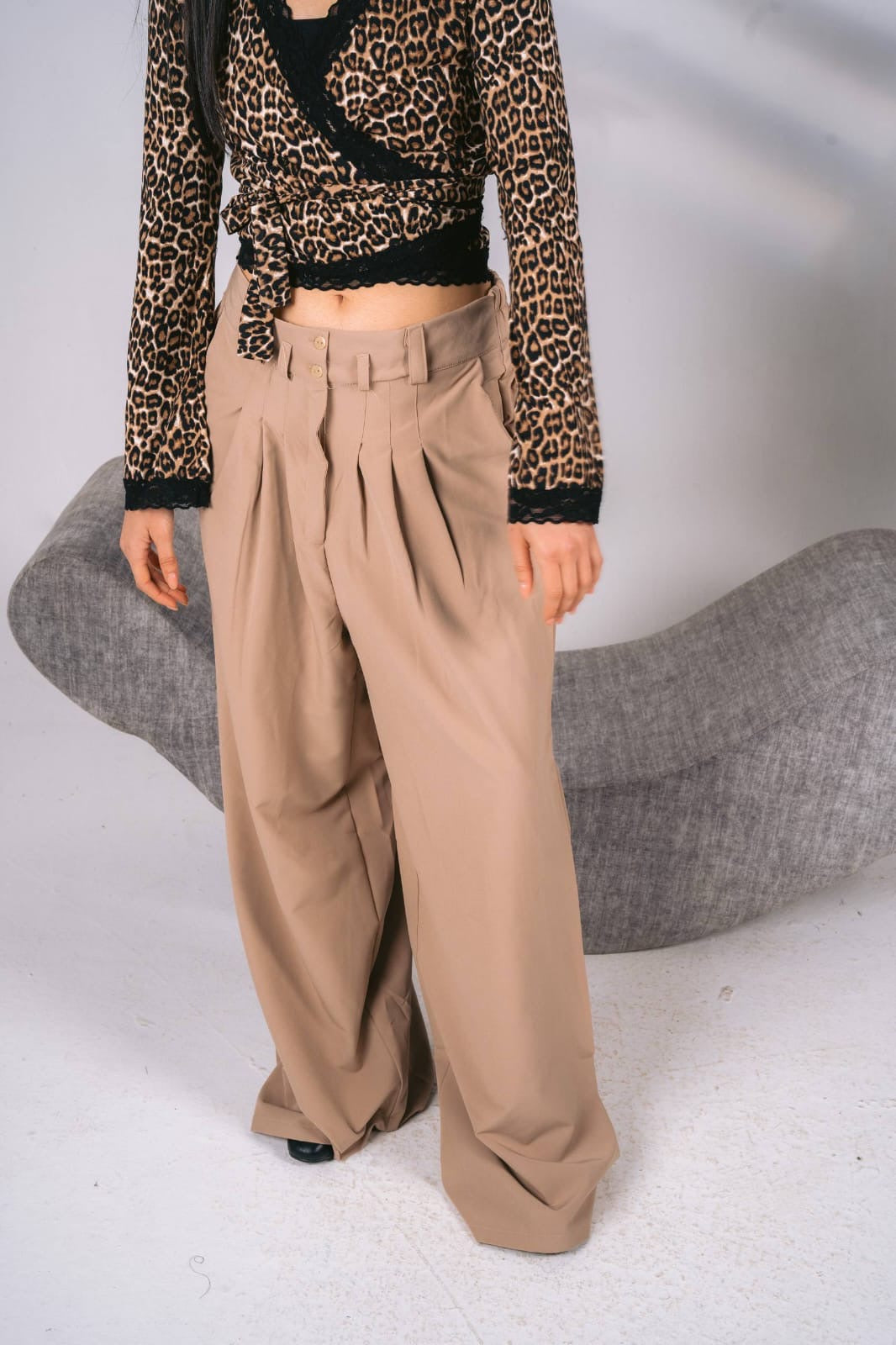 Wide leg beige tailored pants free size 60-75kgs