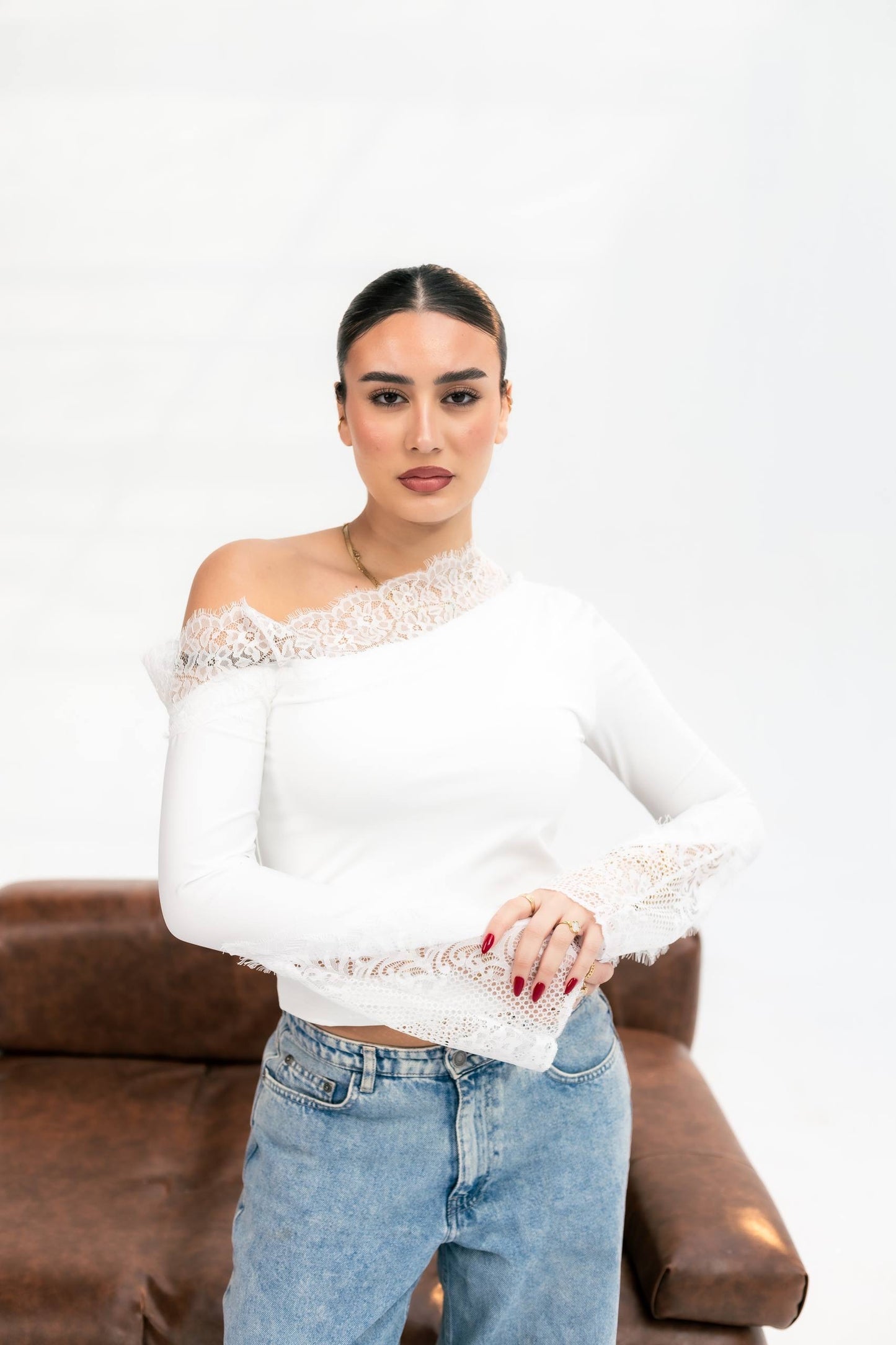 White off shoulder long sleeve top