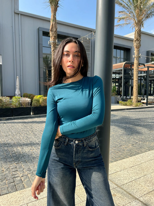 petrol green long sleeve crewneck basic top