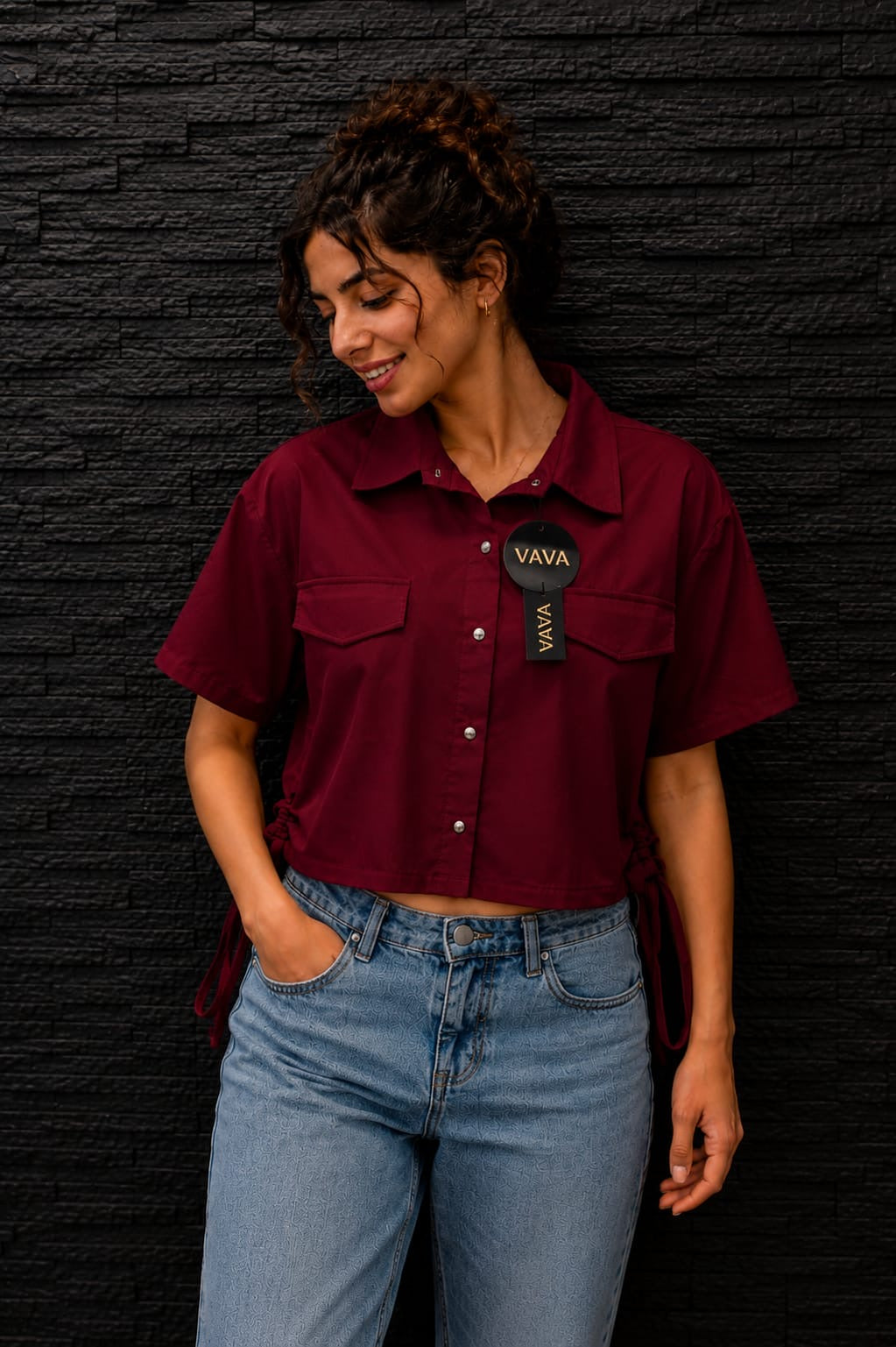 Burgundy Classic Drawstring Crop Shirt