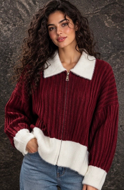 Burgundy Fluffy Collar Ribbed knit Sweater