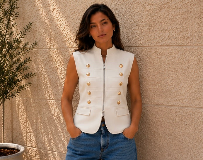 VAVA off white Gold Button Zip Vest
