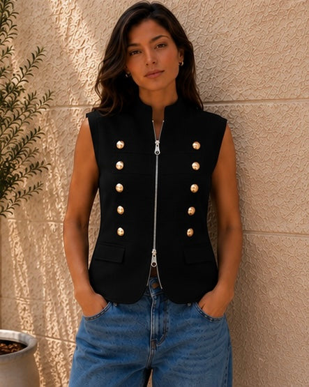 VAVA Black Gold Button Zip Vest