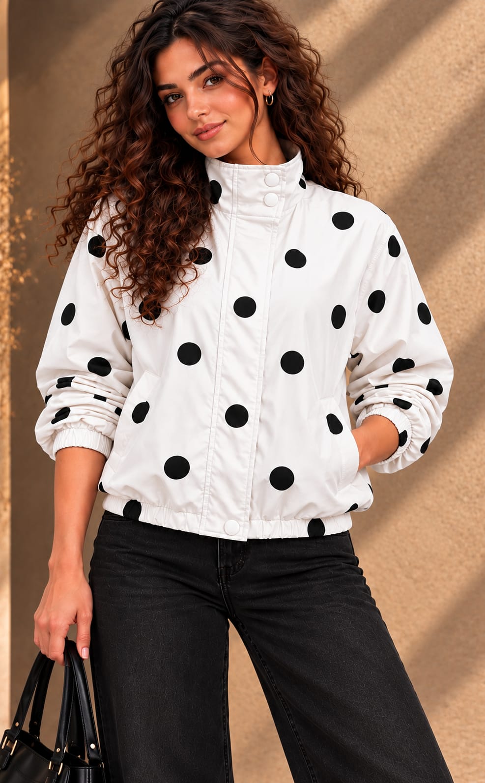 Polka Dot Waterproof Jacket – White & Black