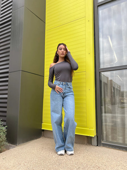 mid rise blue wide leg denim