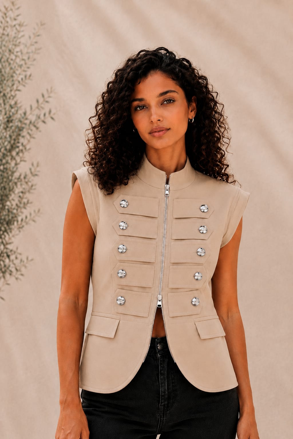 VAVA Beige Gold Button Zip Vest