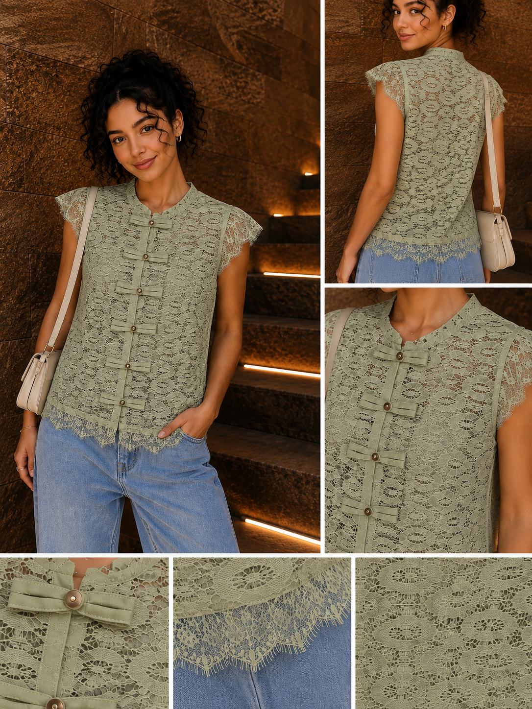 Olive Blush Lace Bow Blouse