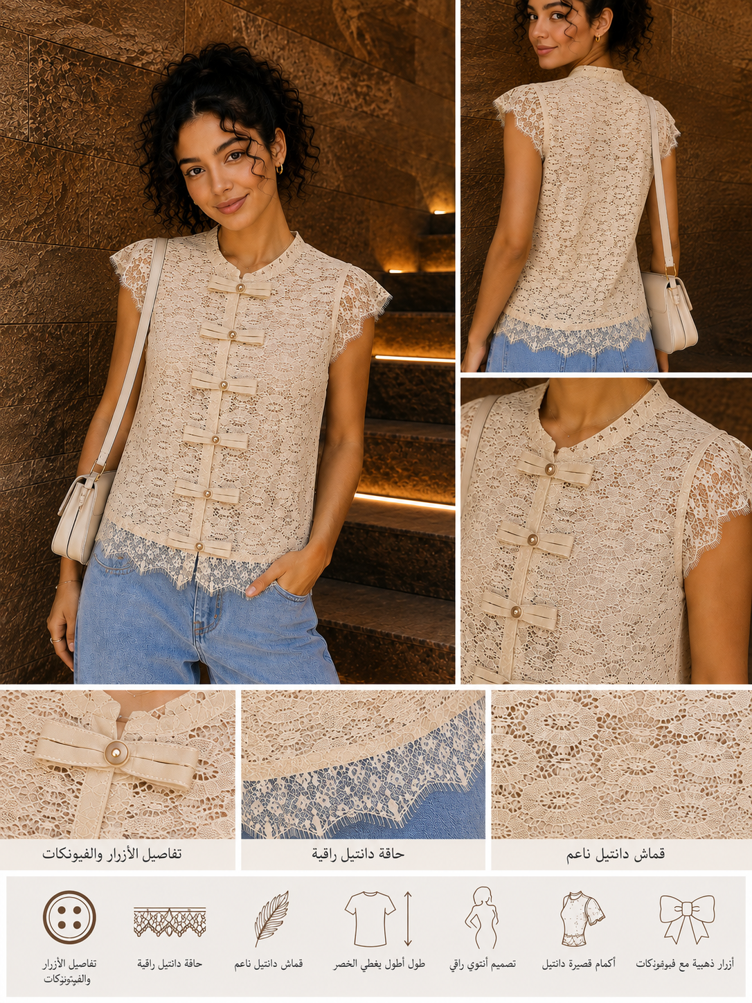 Beige Blush Lace Bow Blouse
