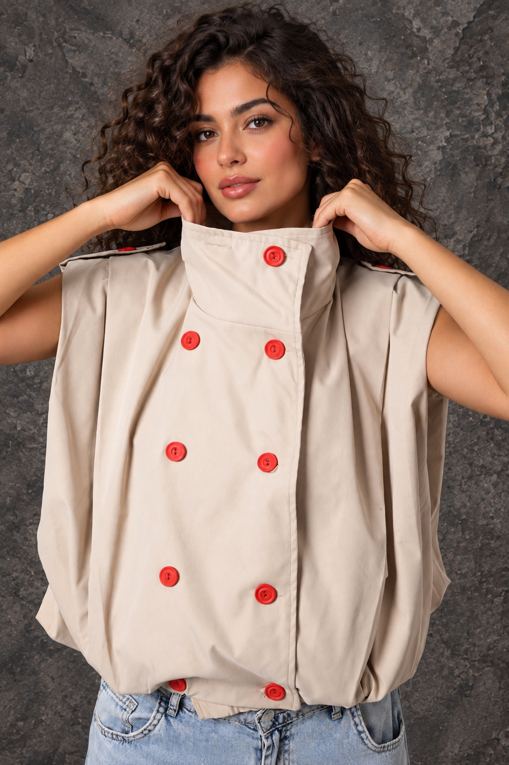 Beige Statement Vest with Red Buttons