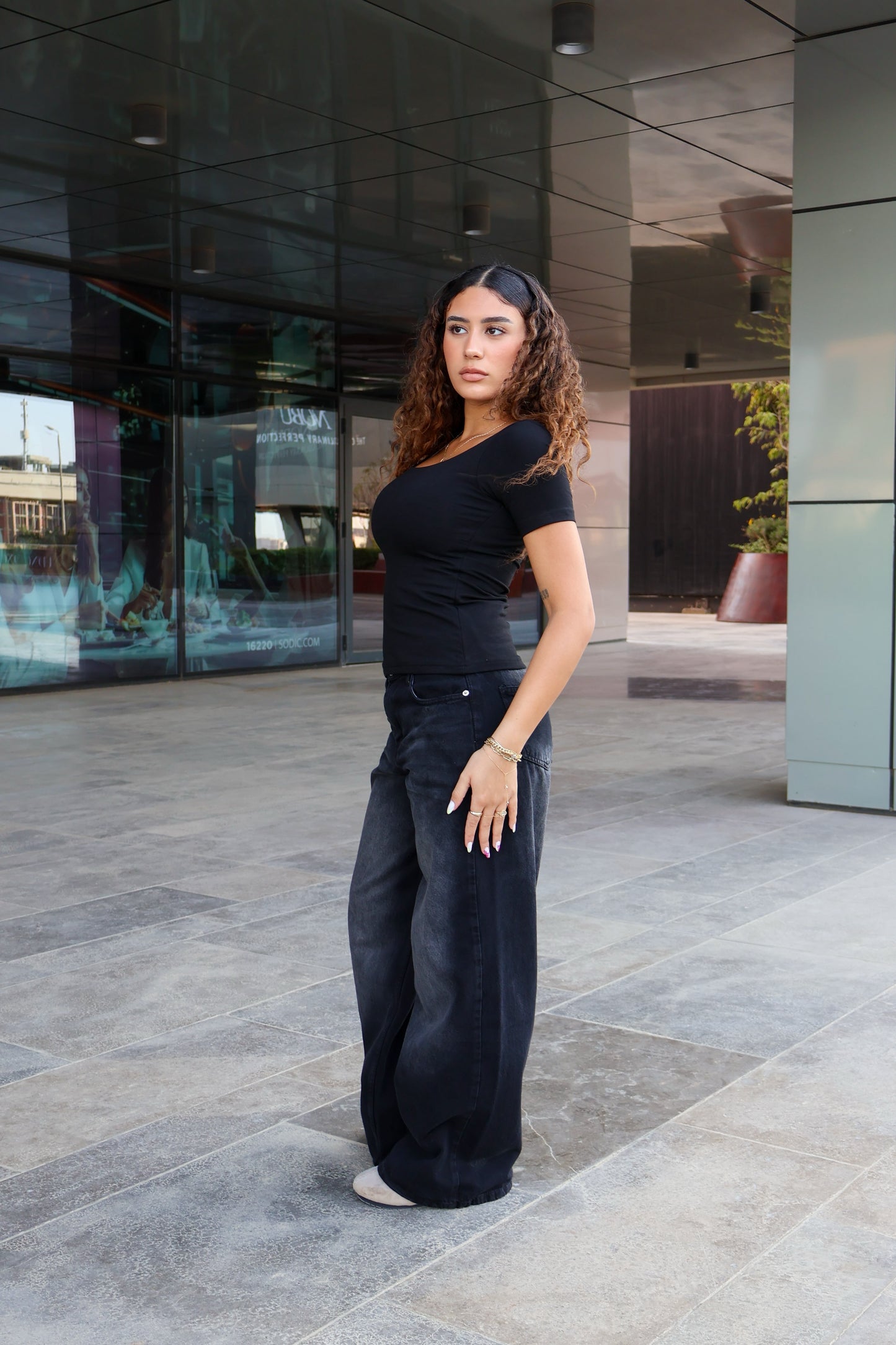 Black Cotton Square-neck Top