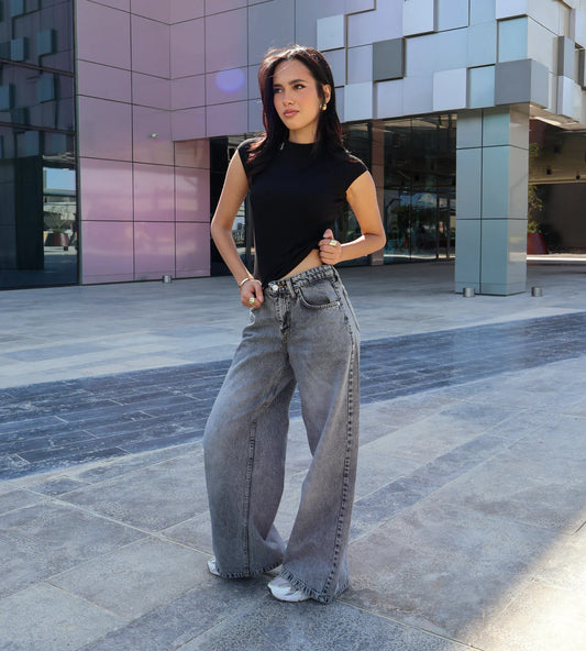 mid rise gray wide leg denim