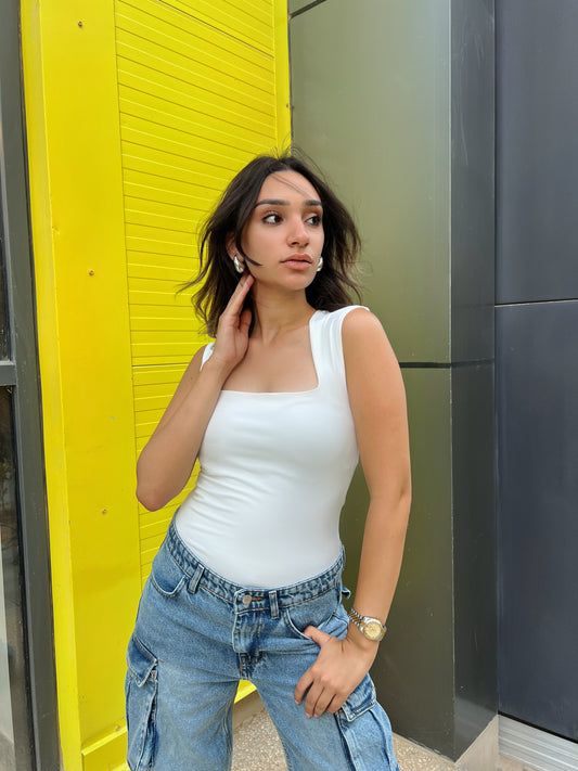 White Square Neck Basic Top