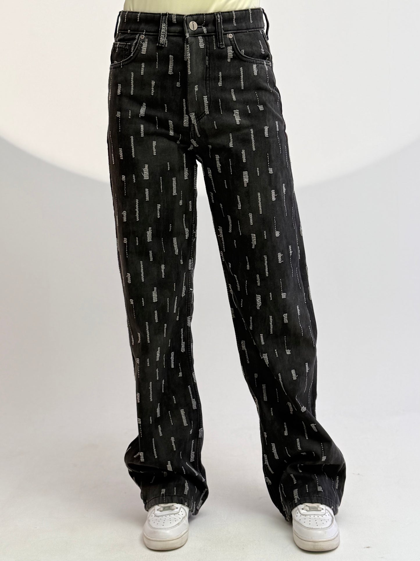 black laser cut straight pants