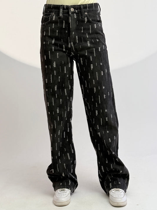 black laser cut straight pants