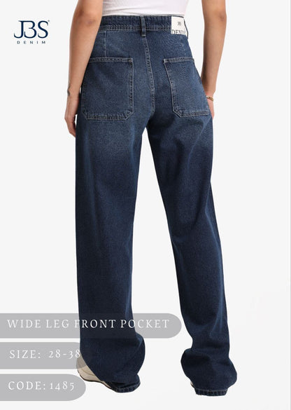 Front pocket wide leg dark blue jeans