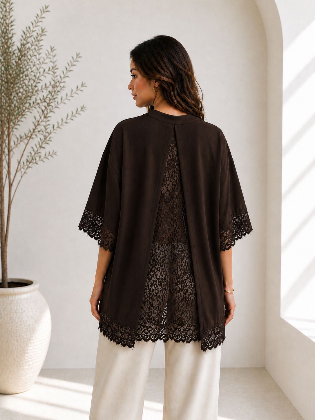 Brown Lace Panel Open Back T-Shirt