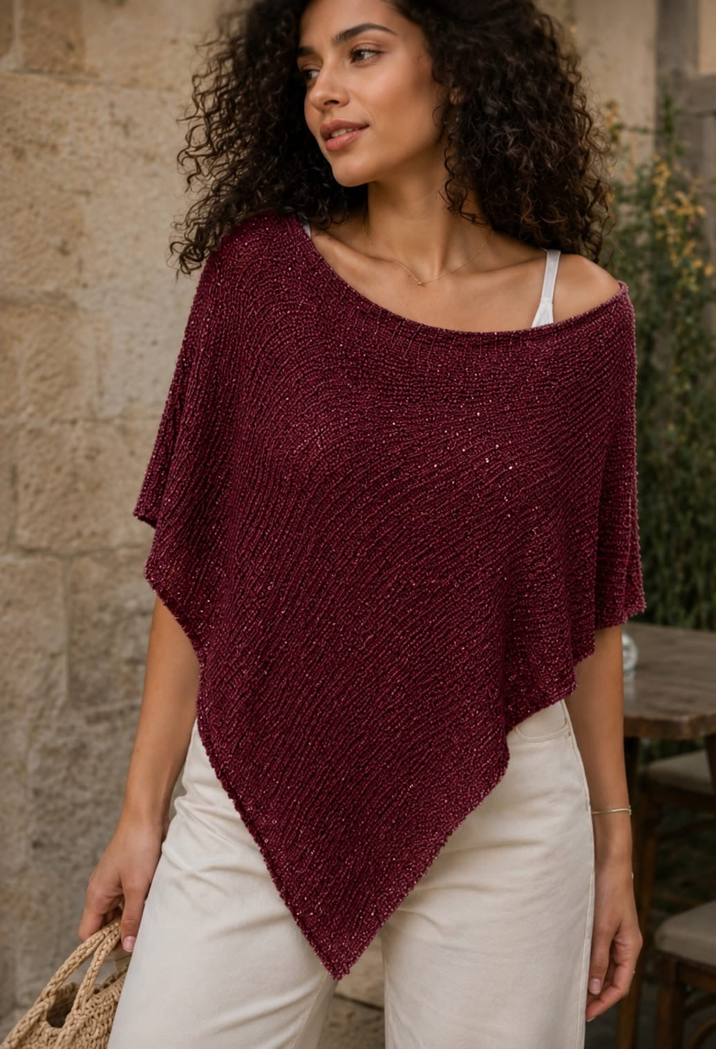 Burgundy Shimmer Knit Poncho