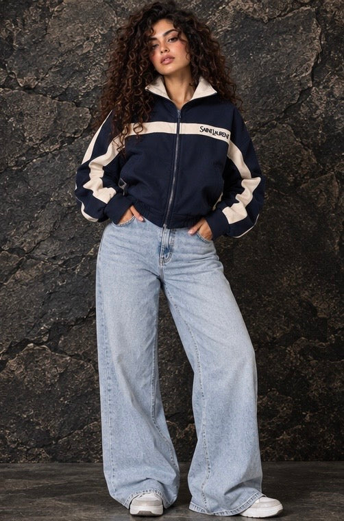 Navy Blue Contrast Stripe Zip-Up Jacket