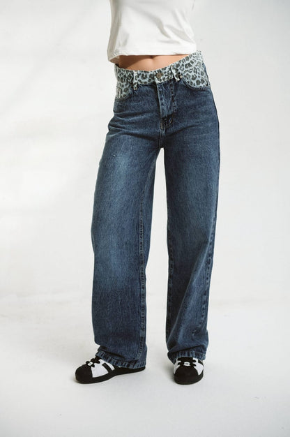White leopard straight blue jeans