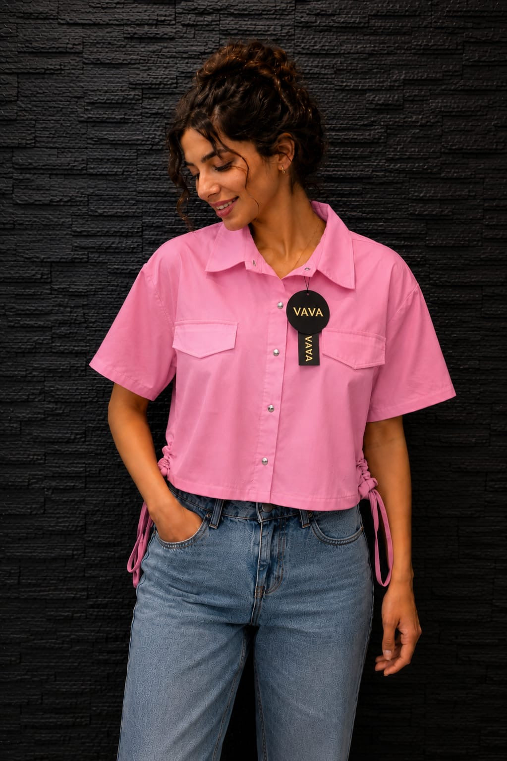 Pink Classic Drawstring Crop Shirt