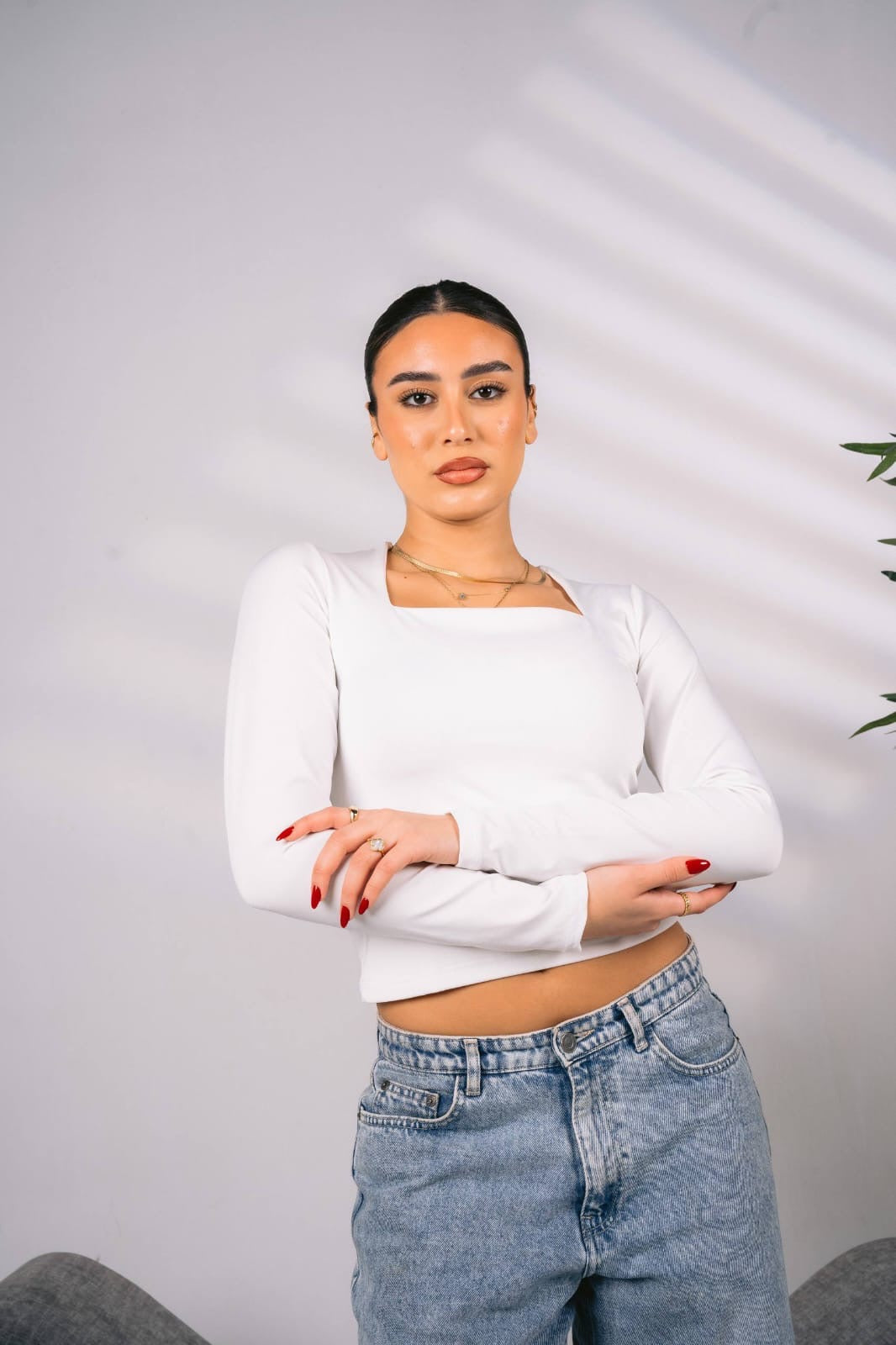 White square neck long sleeve top