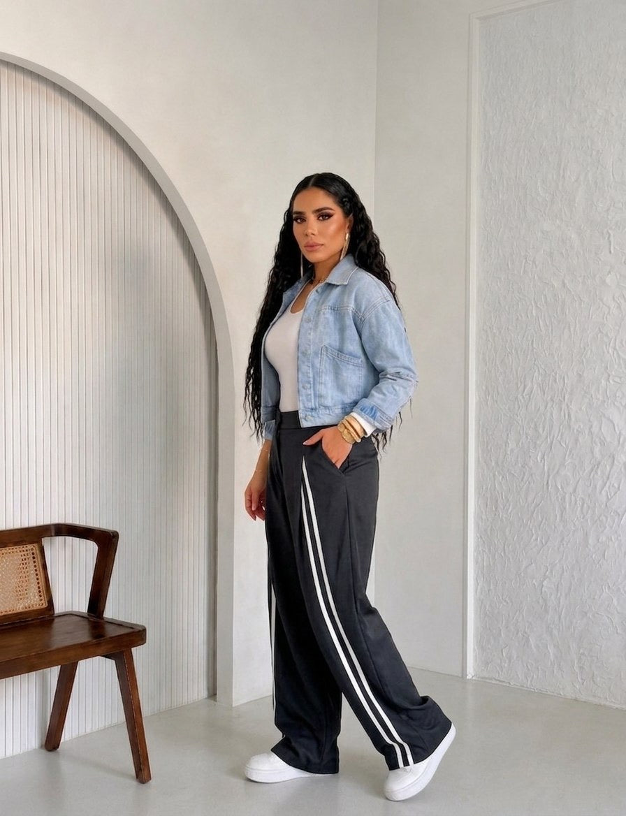 Black Wide Leg Pants with Double Side Stripes