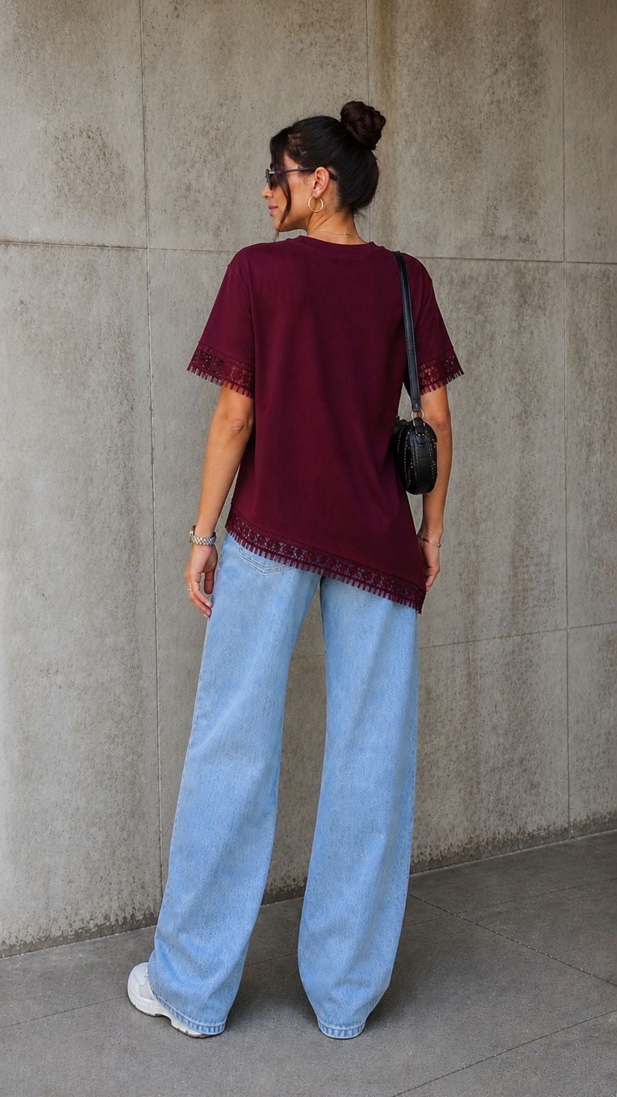 Burgundy Asymmetric Lace Hem Tee