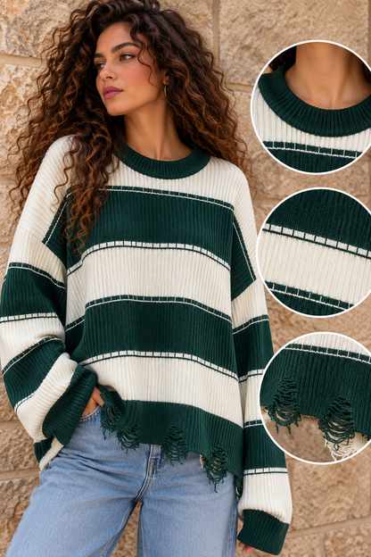 Green & Cream Striped Knit Sweater