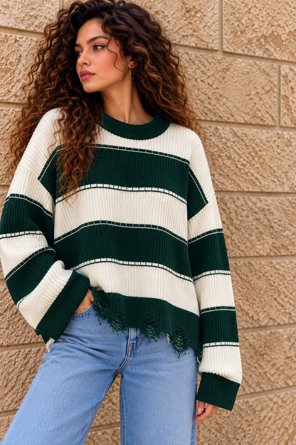 Green & Cream Striped Knit Sweater
